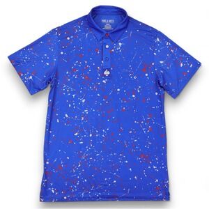 Pins & Aces Polo Shirt Men's Medium Blue Paint Splatter All Over Print